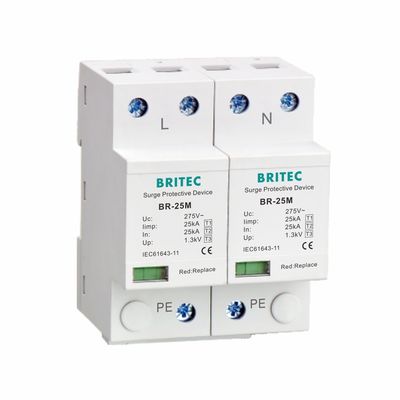 25kA نوع 1 محافظ برق 275V 1.3kV T1 10/350us 2P تک فاز