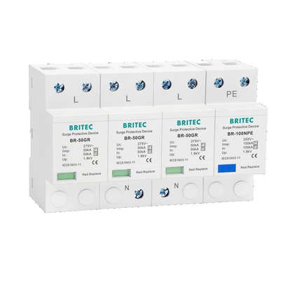 BR-50GR 275 4P Spd T1 T2 Type 1 Surge Protective Device Ac Lightning Protector 3 فاز spd