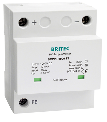 BRPV3-1000 T1 12.5kA PV Surge Arrester 50ka DC 1000V Spd محافظت از افزایش خورشیدی t1 t2 dc فتوولتکی
