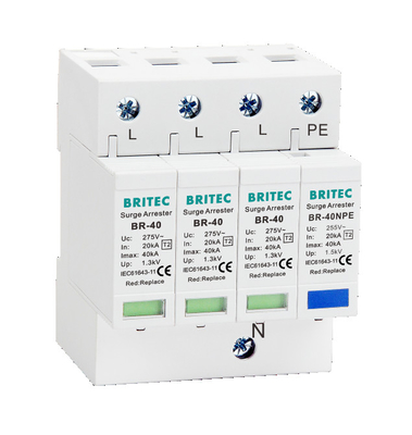 BR-40 4P 20kA - 200kA محافظت از افزایش برق دستگاه افزایش برق گیرنده های Spd رعد و برق 275v محافظ افزایش برق