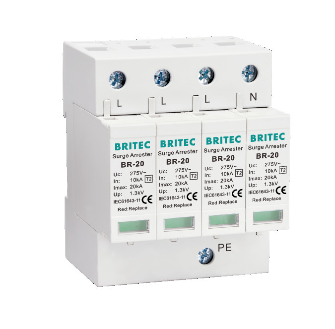 BR-20 4P کلاس 2 دستگاه حفاظت از افزایش برق گیرنده رعد و برق 3 مرحله Thunder SPD نوع 2 دستگاه حفاظت از افزایش برق